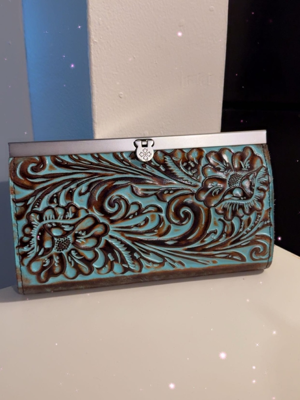 Patricia Nash Turquoise Tooled Floral Leather Wallet Clutch with Brown Accents,